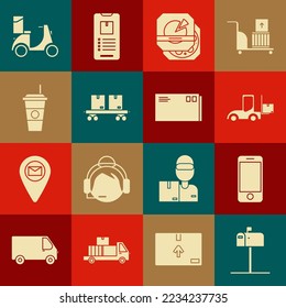 Set Open mail box, Mobile phone con seguimiento de entrega de la aplicación, Forklift truck, Pizza cardboard, Railway, Coffee cup, Scooter y el icono sobre. Vector