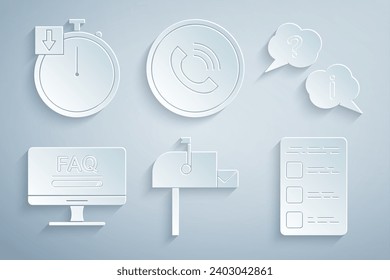 Set Open mail box, Question and Exclamation, Monitor with FAQ information, Create account screen mobile, Phone call and Stopwatch icon. Vector