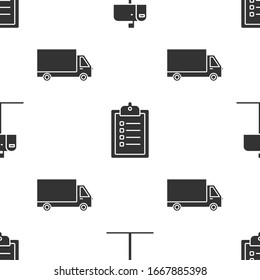 Set Open mail box , Verification of delivery list clipboard  and Delivery cargo truck vehicle  on seamless pattern. Vector