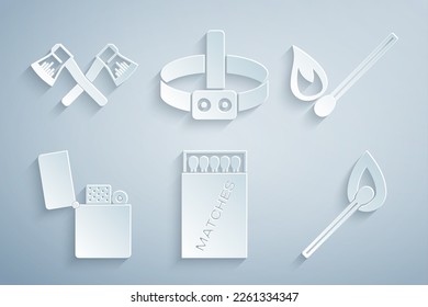 Set Open matchbox and matches, Burning with fire, Lighter, Head flashlight and Crossed wooden axe icon. Vector