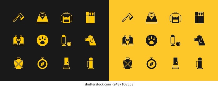 Set Open matchbox and matches, Compass, Bullet, Cartridges, Paw search, Hiking backpack, Wooden axe and Hunt place icon. Vector