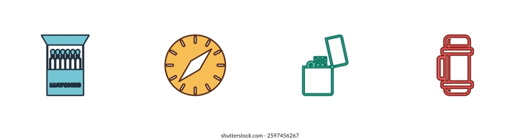 Set Open matchbox and matches, Compass, Lighter and Thermos container icon. Vector