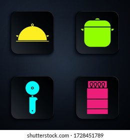 Set Open matchbox and matches, Covered with a tray of food, Pizza knife and Cooking pot. Black square button. Vector