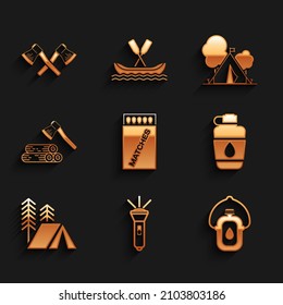 Set Open matchbox and matches, Flashlight, Canteen water bottle, Tourist tent, Wooden axe wood, with flag and Crossed wooden icon. Vector