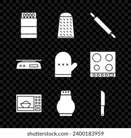 Set Open matchbox and matches, Grater, Rolling pin, Microwave oven, Salt pepper, Knife, Electronic scales and Oven glove icon. Vector