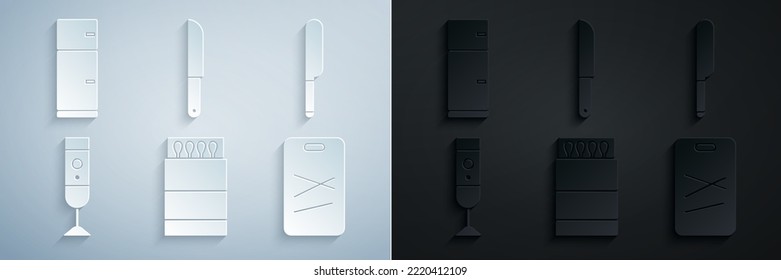 Set Open matchbox and matches, Knife, Blender, Cutting board,  and Refrigerator icon. Vector