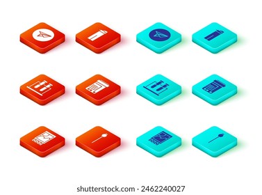 Set Abrir caja de cerillas y fósforos, amapola de opio, frasco de tubo de ensayo, píldoras de botella de medicina, encendedor e icono de Messenger. Vector