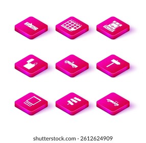 Set Open matchbox and matches, Road traffic signpost, Lighter, Pickup truck, Car, Hiking backpack and Calendar icon. Vector