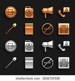 Set Open matchbox and matches, Telephone with emergency call 911, Fire hose cabinet, No Smoking, shovel, Megaphone, exit and Canister for flammable liquids icon. Vector