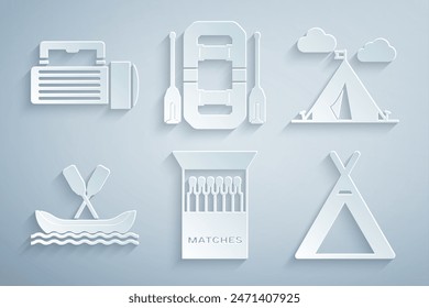 Set Open matchbox and matches, Tourist tent with flag, Rafting boat,  and Flashlight icon. Vector