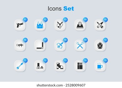 Abra la caja de cerillas y los partidos, caza de la trampa, chaleco a prueba de balas, flecha medieval, taza de café, botella de agua de la cantina, pistola o pistola e icono del arco. Vector