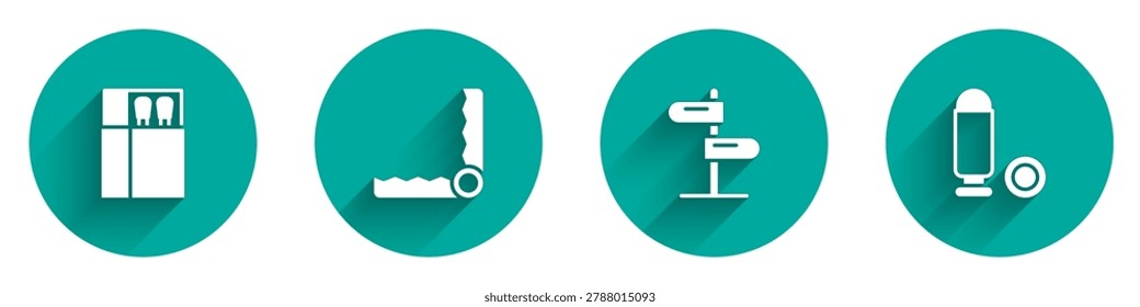 Set Open matchbox and matches, Trap hunting, Road traffic sign and Bullet icon with long shadow. Vector
