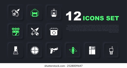 Caja de cerillas abierta y fósforos, walkie talkie, bala cruzada con flecha, cuchillo suizo del ejército, flechas de Quiver, mira óptica de francotirador, mochila de senderismo e icono de pistola o pistola. Vector