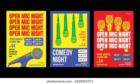 set of Open Mic Night posters, modern and elegant design, indie, live performance comedy show, stand up comedy poster, colorful palette