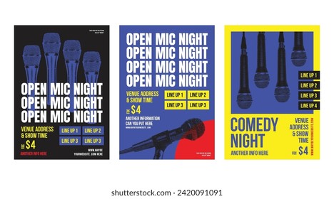 set of Open Mic Night posters, modern and elegant design, indie, live performance comedy show, stand up comedy poster