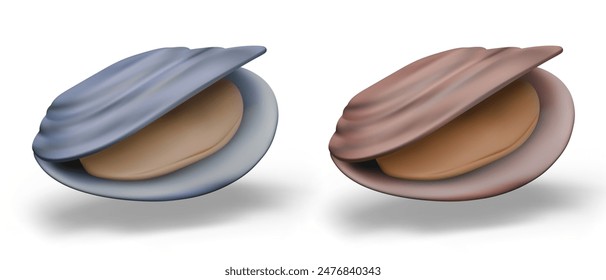 Set of open mussels, oysters of different colors. Realistic shells on white background