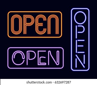 Set of open neon signage. Restaurant, cafe or hotel neon open signage.