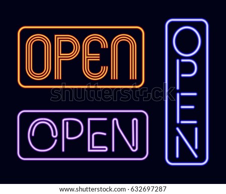 Set of open neon signage. Restaurant, cafe or hotel neon open signage.