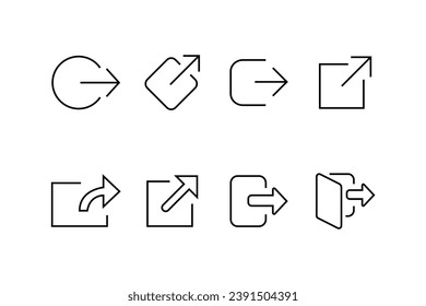 Set Open in new window, Arrow showing the user that they will leave app icons on white background. Open another tab button sign browser frame symbol. External link Line, outline linear Vector