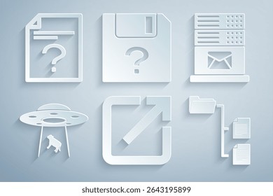 Set Open in new window, Mail server, UFO abducts cow, Folder tree, Unknown document and  icon. Vector