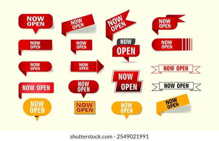 Set of open now text, tag, label, badge,  icon, banner element vector illustration design for business and marketing.