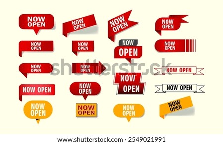 Set of open now text, tag, label, badge,  icon, banner element vector illustration design for business and marketing.