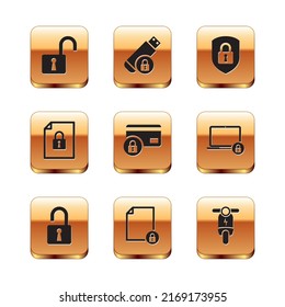 Set Open padlock, , Document and, Credit card with,  and Shield security icon. Vector