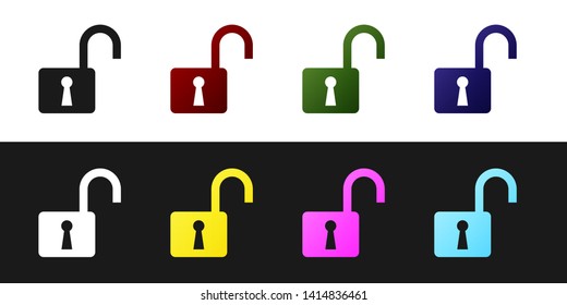 Set Open padlock icon isolated on black and white background. Opened lock sign. Cyber security concept. Digital data protection. Safety safety. Vector Illustration
