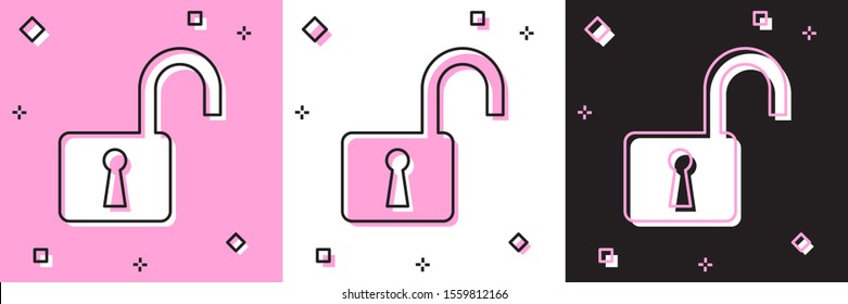 Set Open padlock icon isolated on pink and white, black background. Opened lock sign. Cyber security concept. Digital data protection. Safety safety.  Vector Illustration