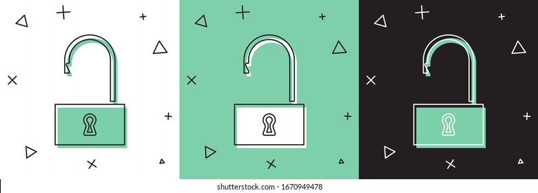 Set Open padlock icon isolated on white and green, black background. Opened lock sign. Cyber security concept. Digital data protection.  Vector Illustration