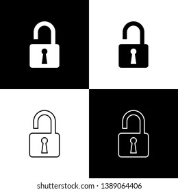 Set Open padlock icons isolated on black and white background. Opened lock sign. Cyber security concept. Digital data protection. Safety safety. Vector Illustration