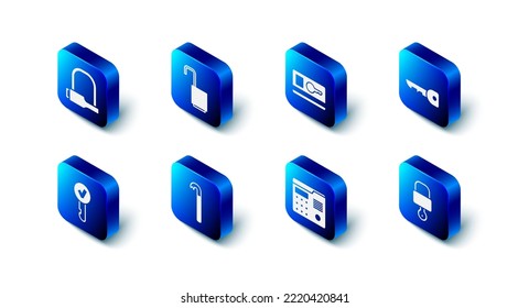 Set Open padlock, Key card, Lock and key, House intercom system, Crowbar,  and Bicycle icon. Vector