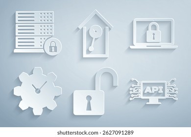 Set Open padlock, Laptop and, Time Management, Computer api interface, Retro wall watch and Server security with icon. Vector