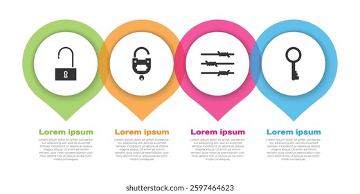 Set # Open padlock, Lock and key, Barbed wire and Old key. Business infographic template. Vector