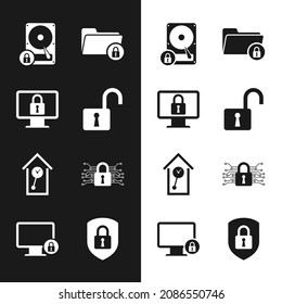 Set Open padlock, Lock on monitor, Hard disk drive and, Folder, Retro wall watch and Cyber security icon. Vector