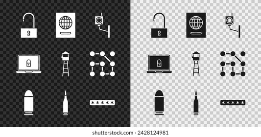Candado abierto, pasaporte, cámara de seguridad, bala, protección por contraseña, portátil y reloj icono de la torre. Vector