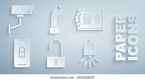 Set  Open padlock, Safe, Mobile with closed, Ringing alarm bell, Police electric shocker and Security camera icon. Vector