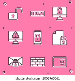Set Open padlock, Spam, Lock on computer monitor, Monitor with exclamation mark, Mobile closed, Document and, Mail message password and Firewall, security wall icon. Vector