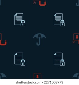 Set Open padlock, Umbrella and Document and on seamless pattern. Vector