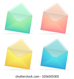 Set of Open Paper Blue, Pink, Green, Yellow Envelopes. Isolated Design Elements Realistic Mockups Empty Postcards.