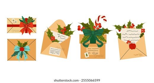 Set of open paper envelopes with letters. Post office. Letters to Santa Claus, congratulations. Flat vector illustration on white background.