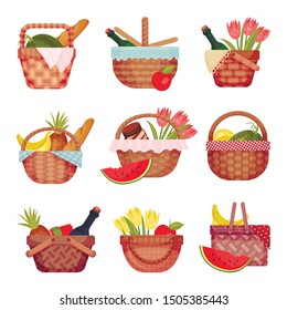 Set of open picnic baskets with groceries. Vector illustration on a white background.