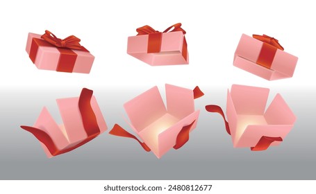 Un conjunto de cajas de sorpresas rosas abiertas atadas con cintas rojas