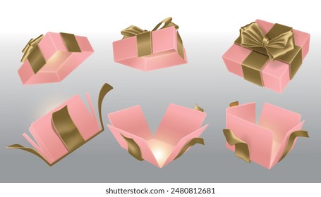 A set of open pink surprise boxes tied with gold ribbons