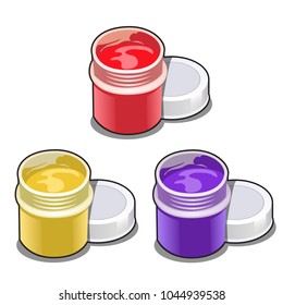 Set of open plastic jars with colorful paint isolated on white background. Vector cartoon close-up illustration.