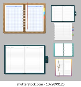 Set of open realistic notebooks with pages diary office sheet template booklet and blank paper education copybook organizer vector illustration.