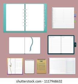 Set of open realistic notebooks with pages diary office sheet template booklet and blank paper education copybook organizer vector illustration.