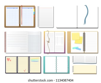 Set of open realistic notebooks with pages diary office sheet template booklet and blank paper education copybook organizer vector illustration.