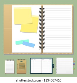 Set of open realistic notebooks with pages diary office sheet template booklet and blank paper education copybook organizer vector illustration.