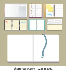 Set of open realistic notebooks with pages diary office sheet template booklet and blank paper education copybook organizer vector illustration.